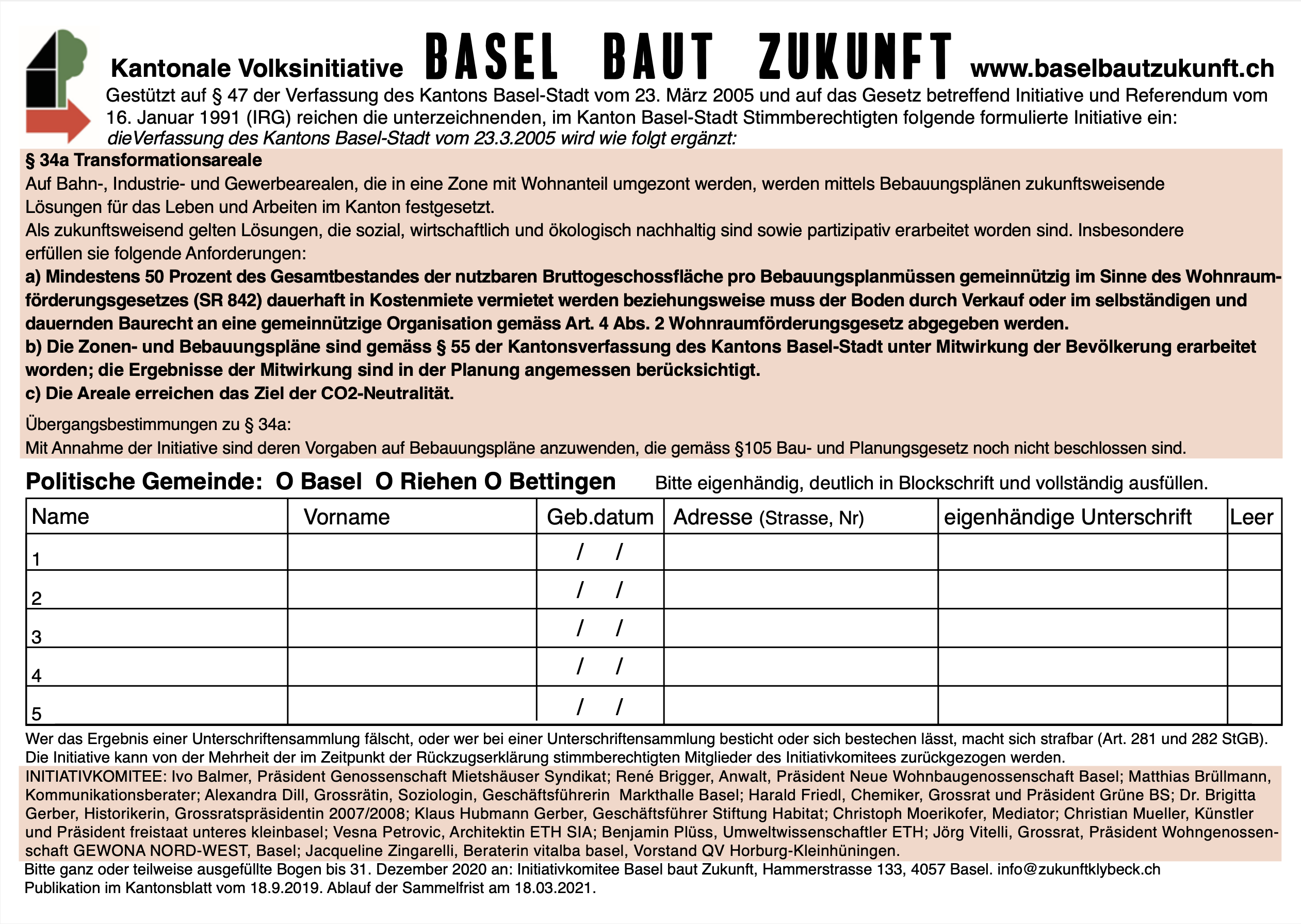 Unterschriftenbogen für die Initiative "Basel baut Zukunft"